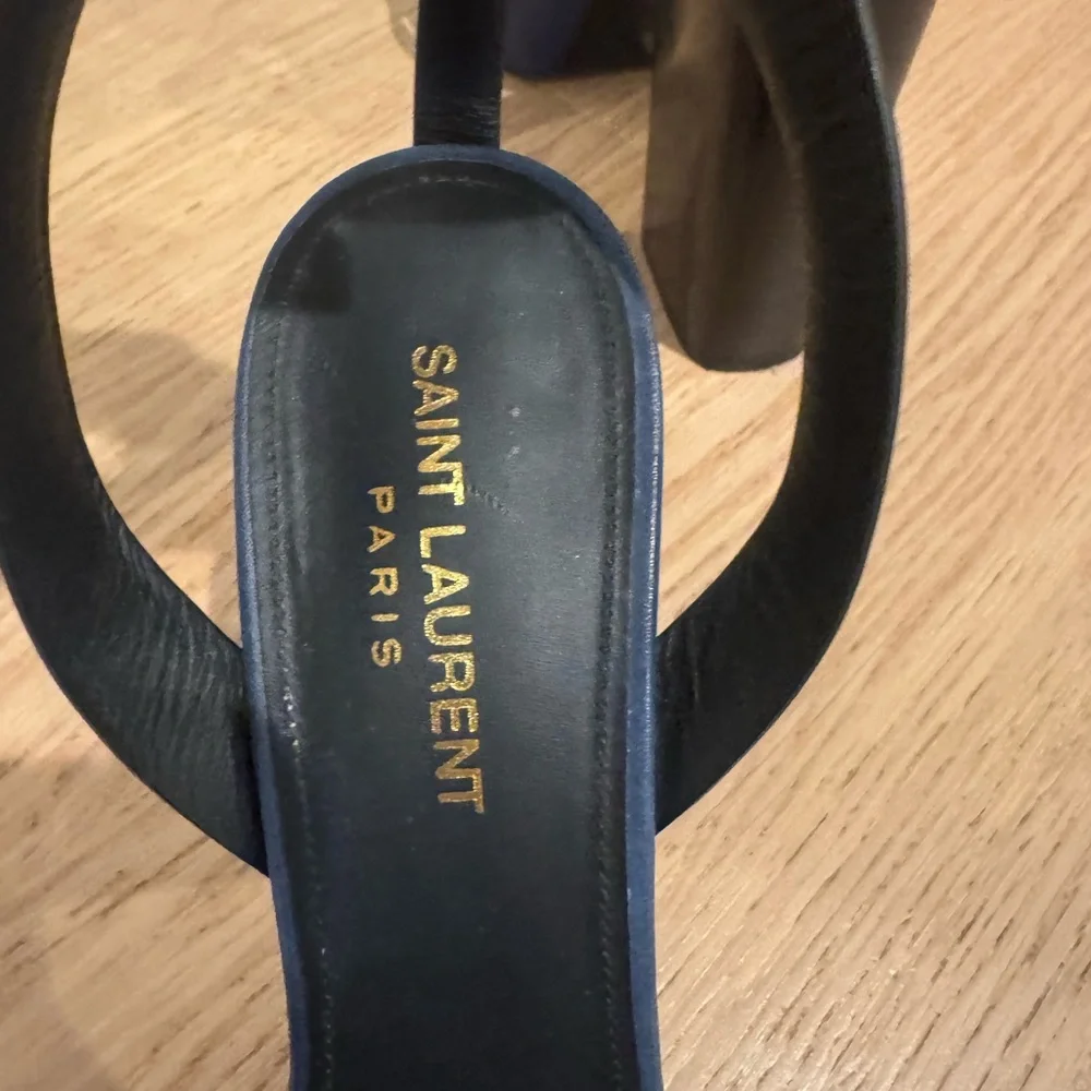 Saint Laurent Blue Leather Crisscross Block Heel Sandals - Picture 10 of 15